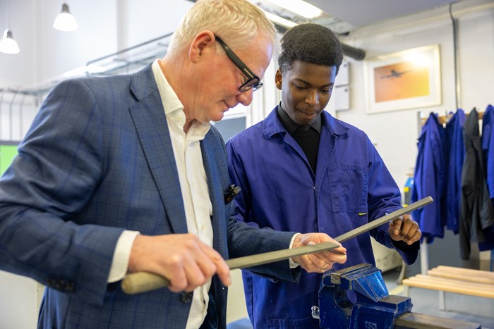 Mayor Richard Parker with Obi-Omar Madufor at WMG Academy for Young Engineers in Solihull