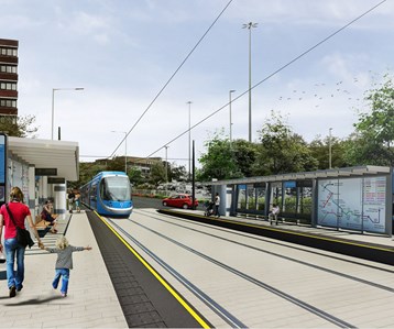 CGI image of new metro extension, with stops and tracks in two directions, and people waiting for the metro on either side.