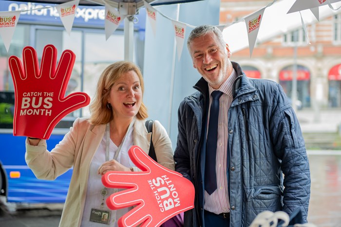 Laura Shoaf, Chief Executive of the WMCA and Pete Bond, Director of Integrated Transport Services at TfWM, at Coventry’s Catch The Bus Month event on Thursday 14 September