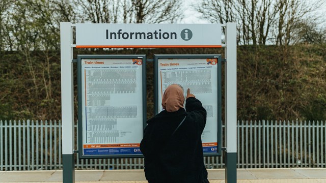 Woman looking at train timings on a platform