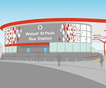 Drawing of Walsall Bus station. Multistorey modern building, with large glass windows.