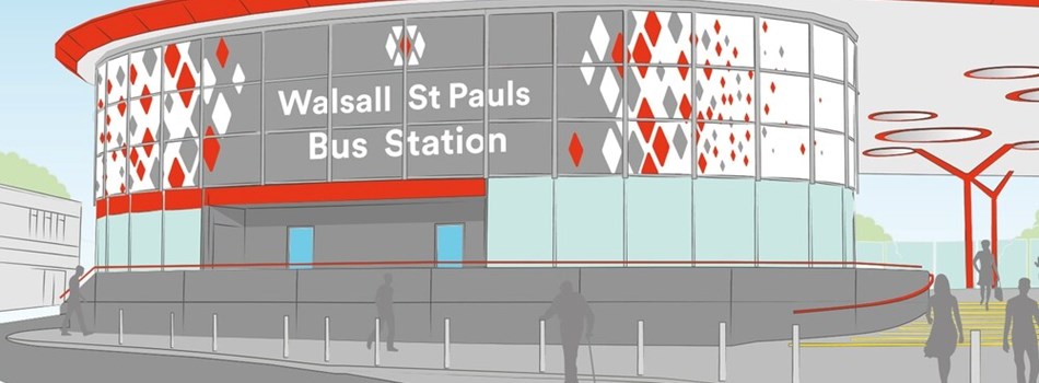 Drawing of Walsall Bus station. Multistorey modern building, with large glass windows.