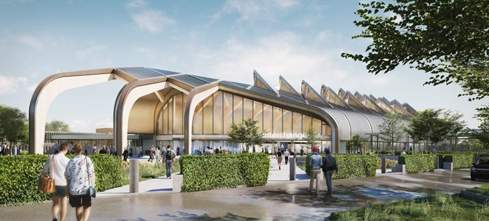 Image is an artist impression showing a railway stataion with a curved style roof with people in the foreground walking toward it