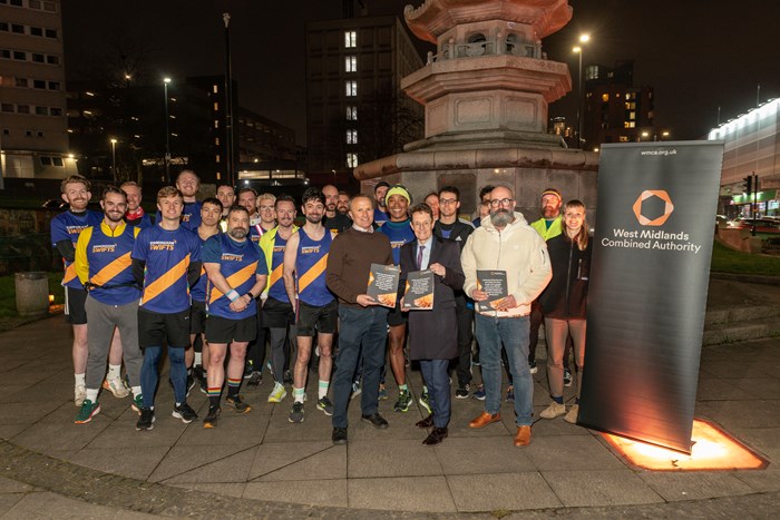 Simon Hall, WMCA’s strategic lead for wellbeing and prevention, the Mayor and Andy Paul from Pride Sports with members of Birmingham Swifts LGBT Runners.