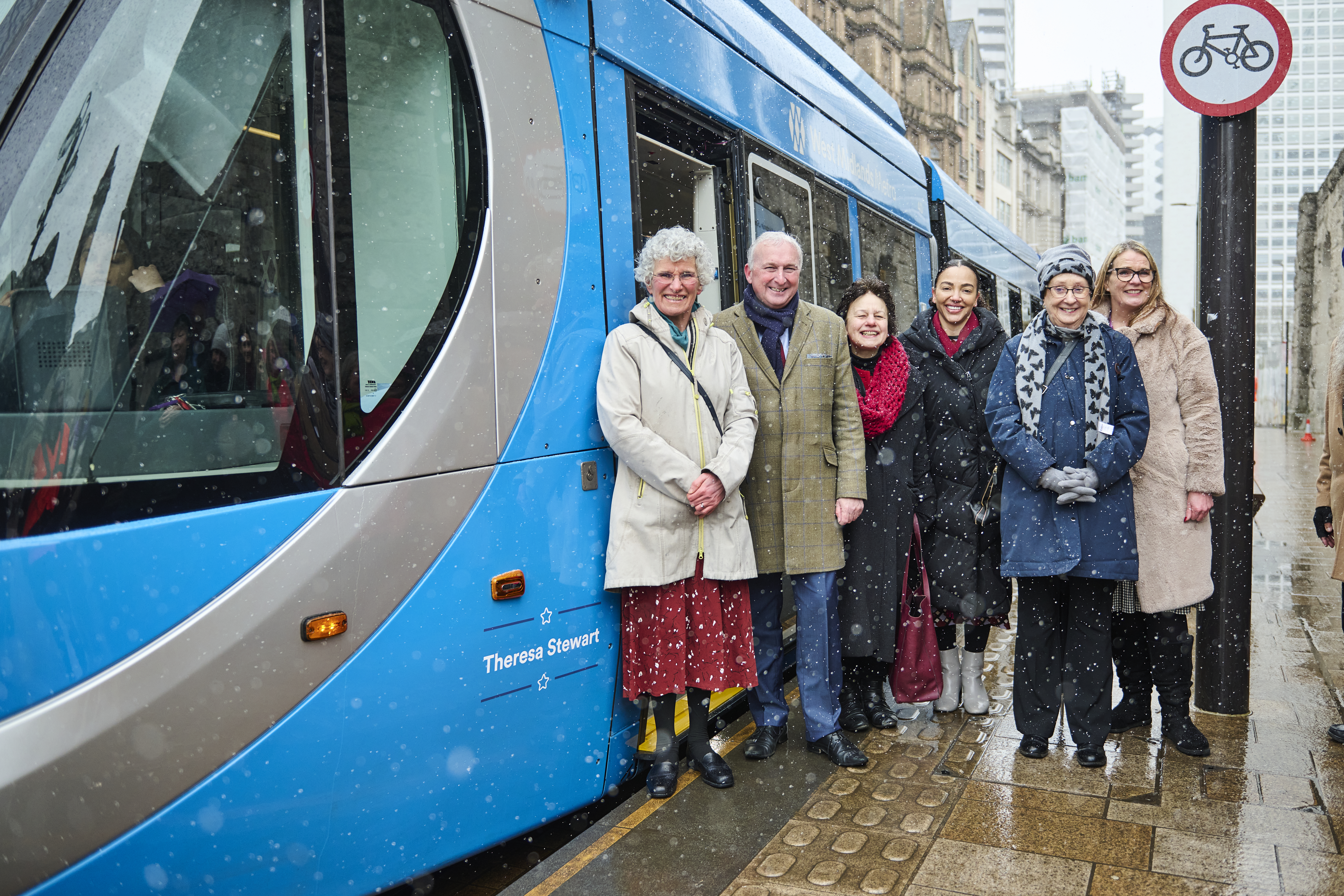 From left: Sabrina Stewart, Cllr Ian Ward (Birmingham City Council) , Lindsey Stewart, Sophie Allison (West Midlands Metro), Cllr Mary Locke (vice-chair WMCA Transport Delivery Committee) and Anne Shaw (Transport for West Midlands)