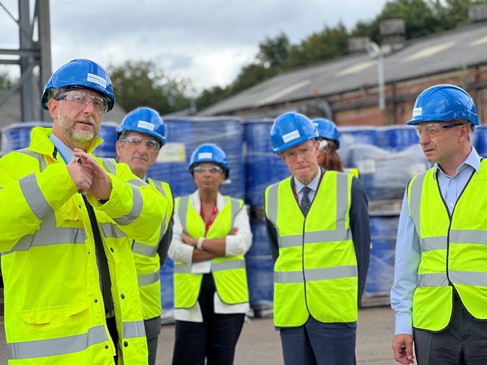 A photograph of Karl Cooper, Head of Engineering at Robinson Brothers Limited, Adrian Hanrahan, managing director of Robinson Brothers Limited, Priya Brahmbhatt-Patel, director of communications at Ofgem, Andy Street, Mayor of the West Midlands, and Jonathan Brearley, chief executive of Ofgem, outside Robinson Brothers Limited, a global speciality chemical producer, based in West Bromwich.
