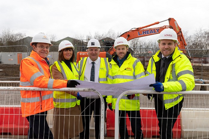 (L-R) Andy Street, Mayor of the West Midlands, Marion Duffy, chief operations officer at Platform Housing Group, Cllr Pat Harley, leader of Dudley Council, Stuart Penn, regional managing director for Lovell Partnerships and James Feakes, senior site manager Lovell