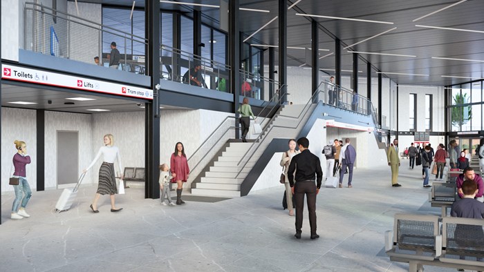 internal design image shows open concourse with people milling about and large stairway to mezzanine floor above.